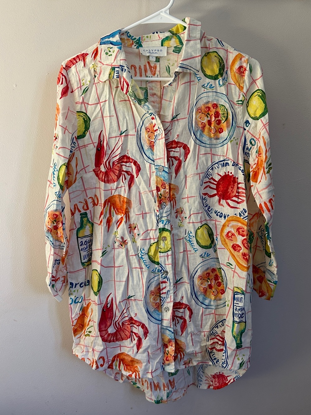 Calypso St. Barth Cream Shirt with Multicolor Citrus & Seafood Motif